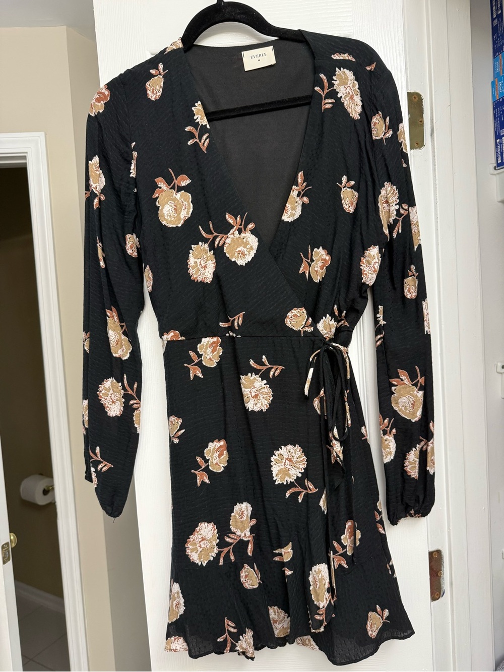 Vero Moda Black Floral Wrap Dress with Beige & Blush Blooms